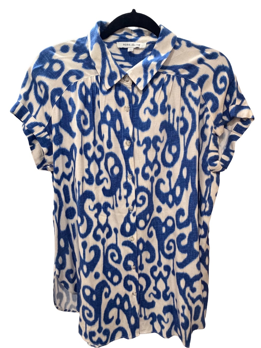 Rose & Olive Blue White Ikat Short Sleeve Blouse L - Picture 2 of 11
